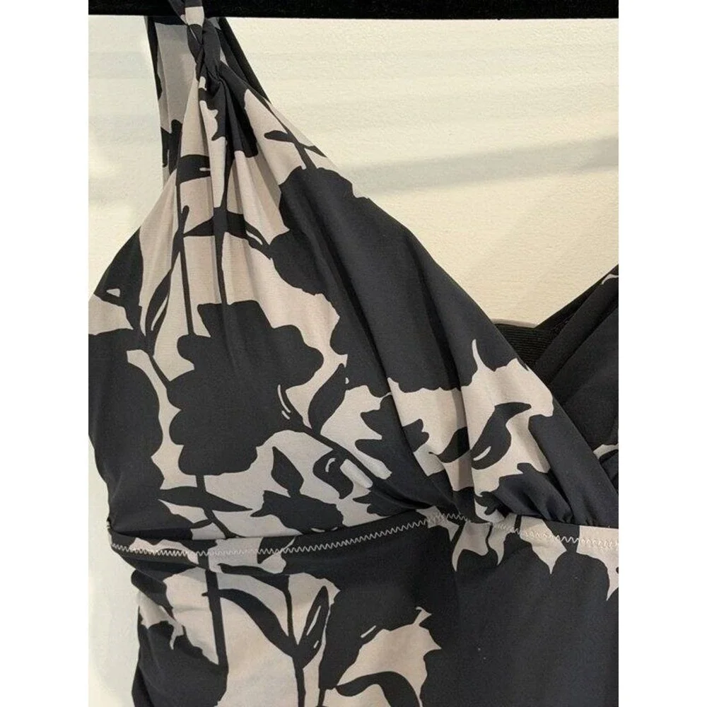 Lands End Black Gray Floral Print Swimsuit Tankini Top Slendersuit Size 18